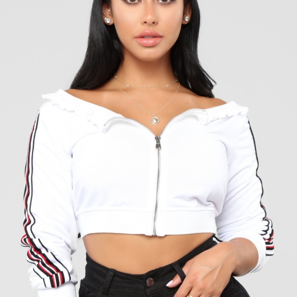 Off the shoulder, white jacket